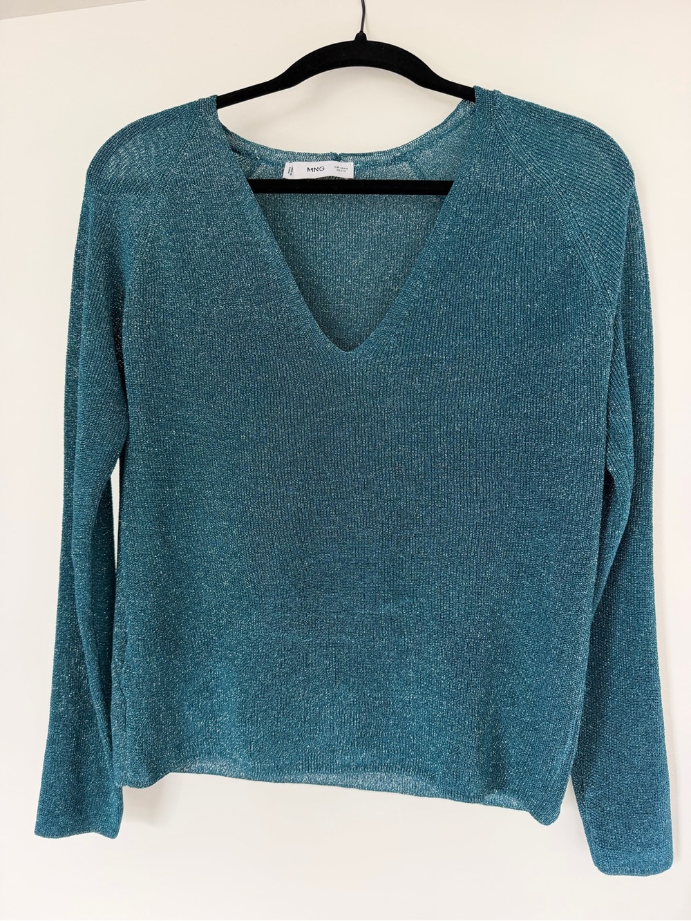 Mango Women's Teal Blue Metallic V-Neck Sweater